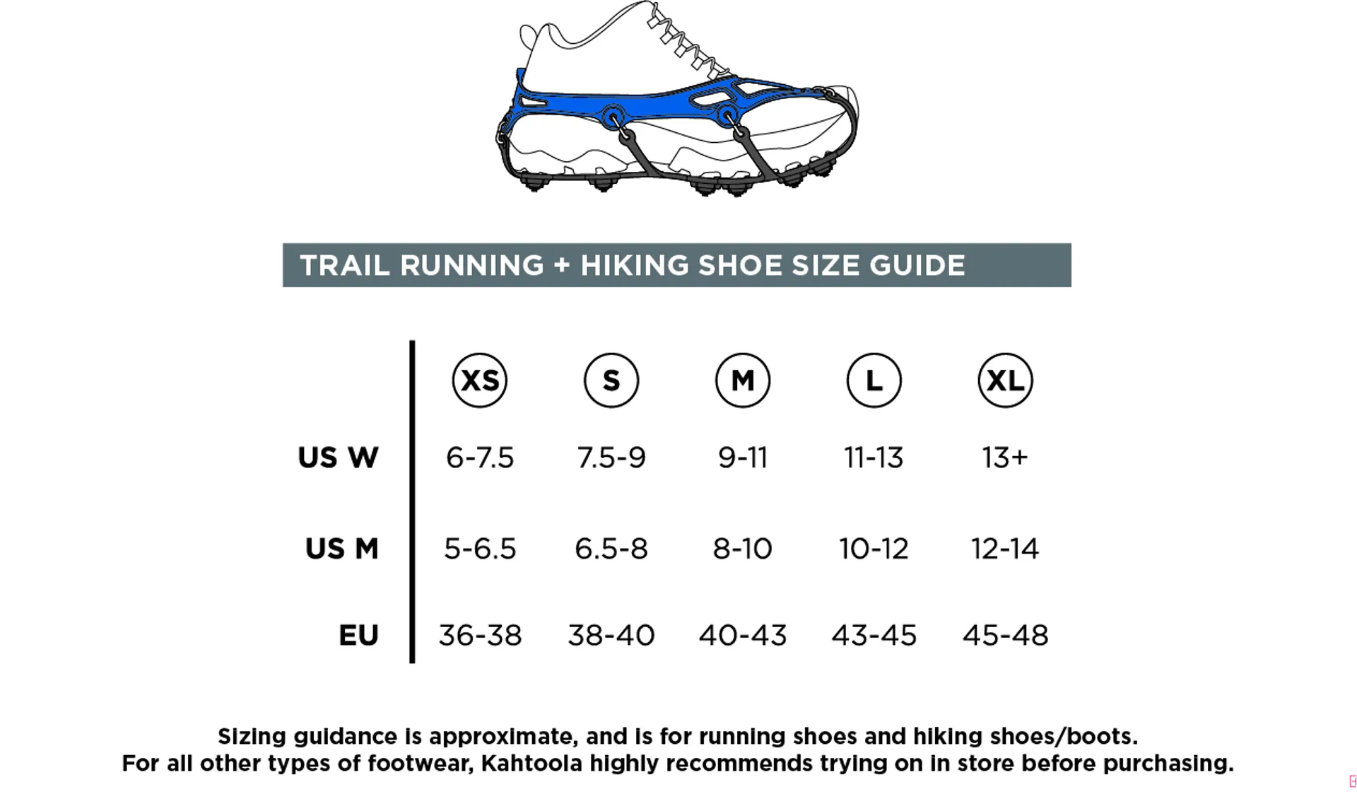 Kahtoola EXOspikes Size Guide