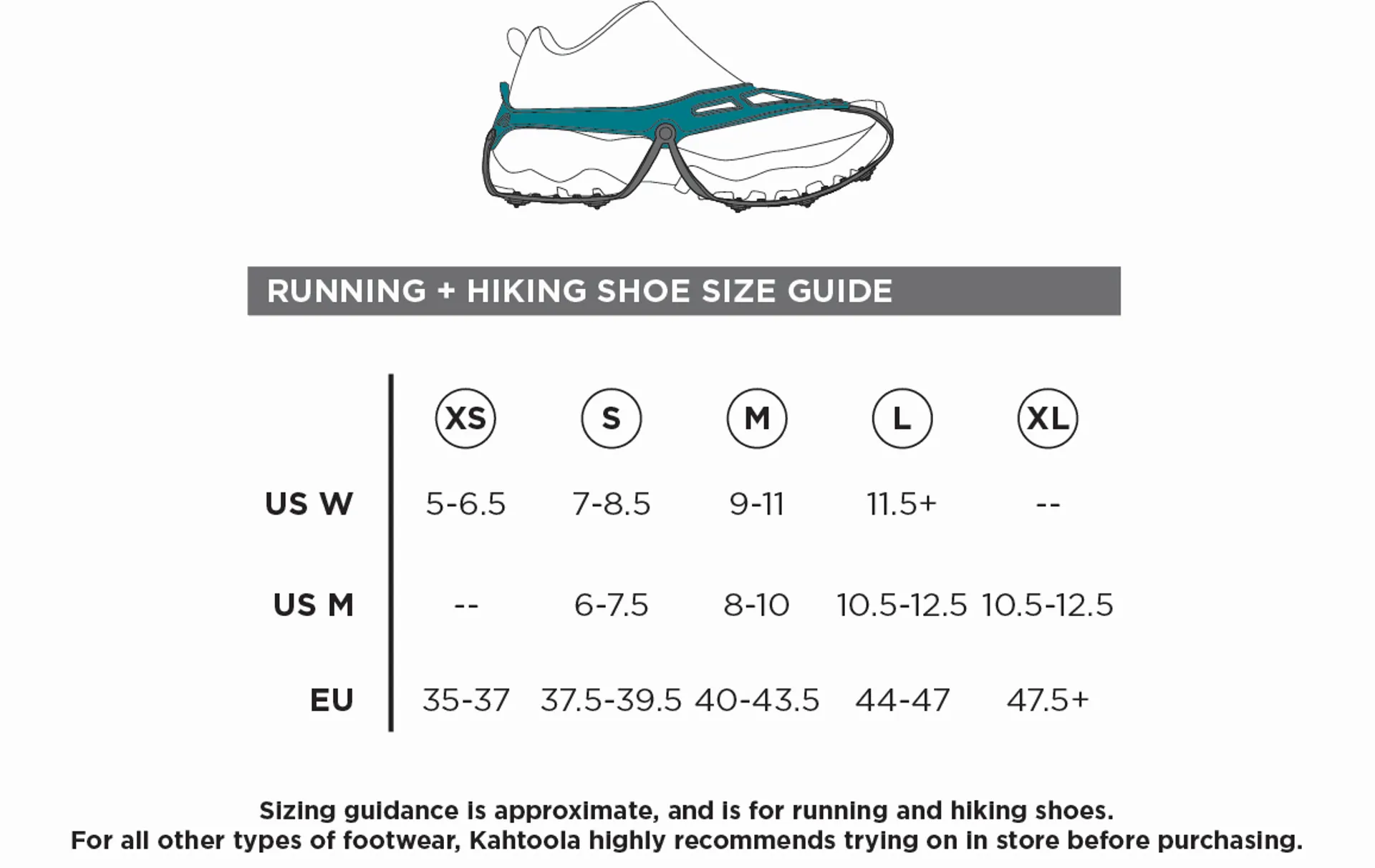 Kahtoola Nanospikes Size Guide